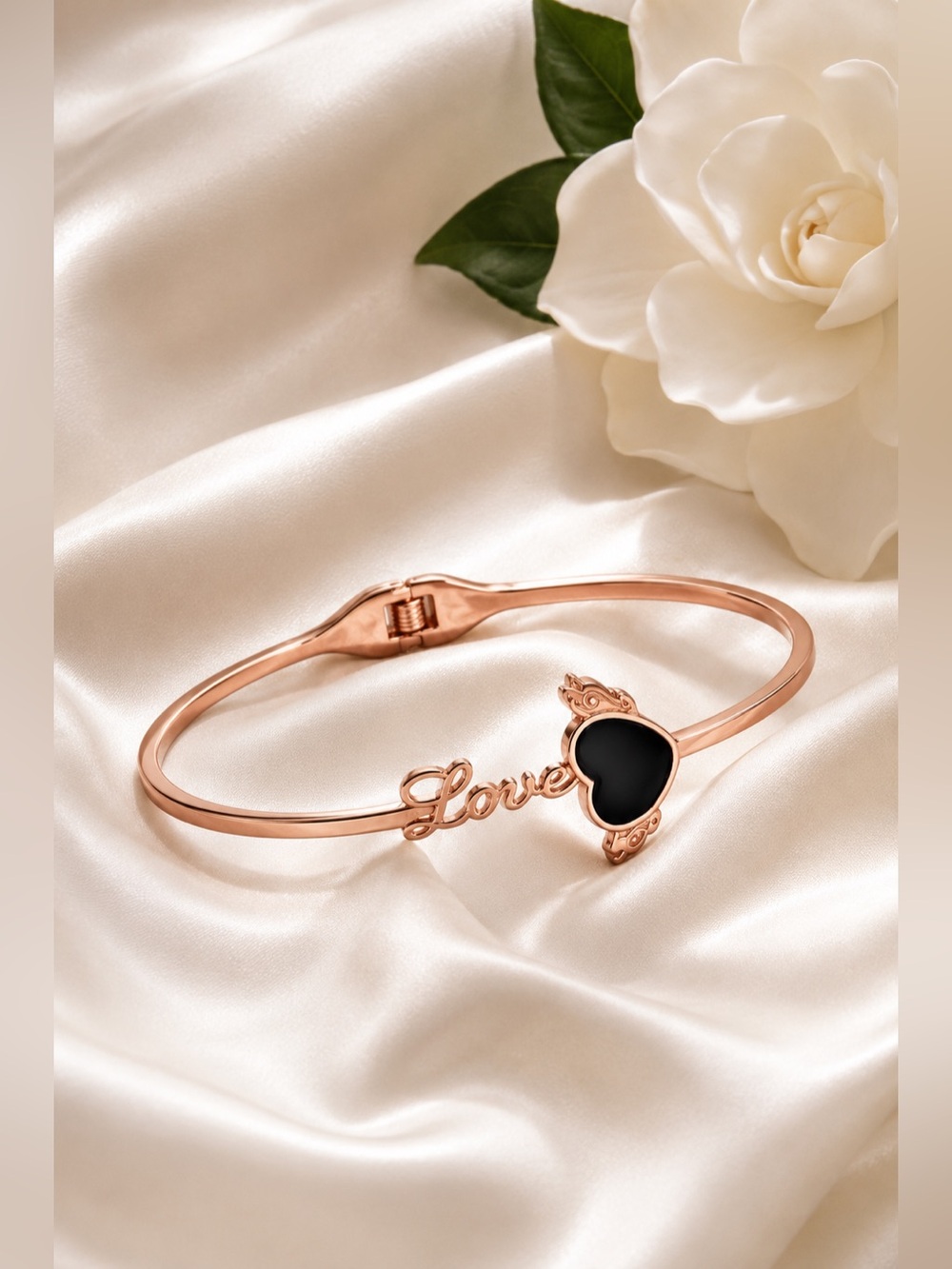 Rose Gold Tone Love Heart Adjustable Bangle Bracelet Black Heart Minimalist